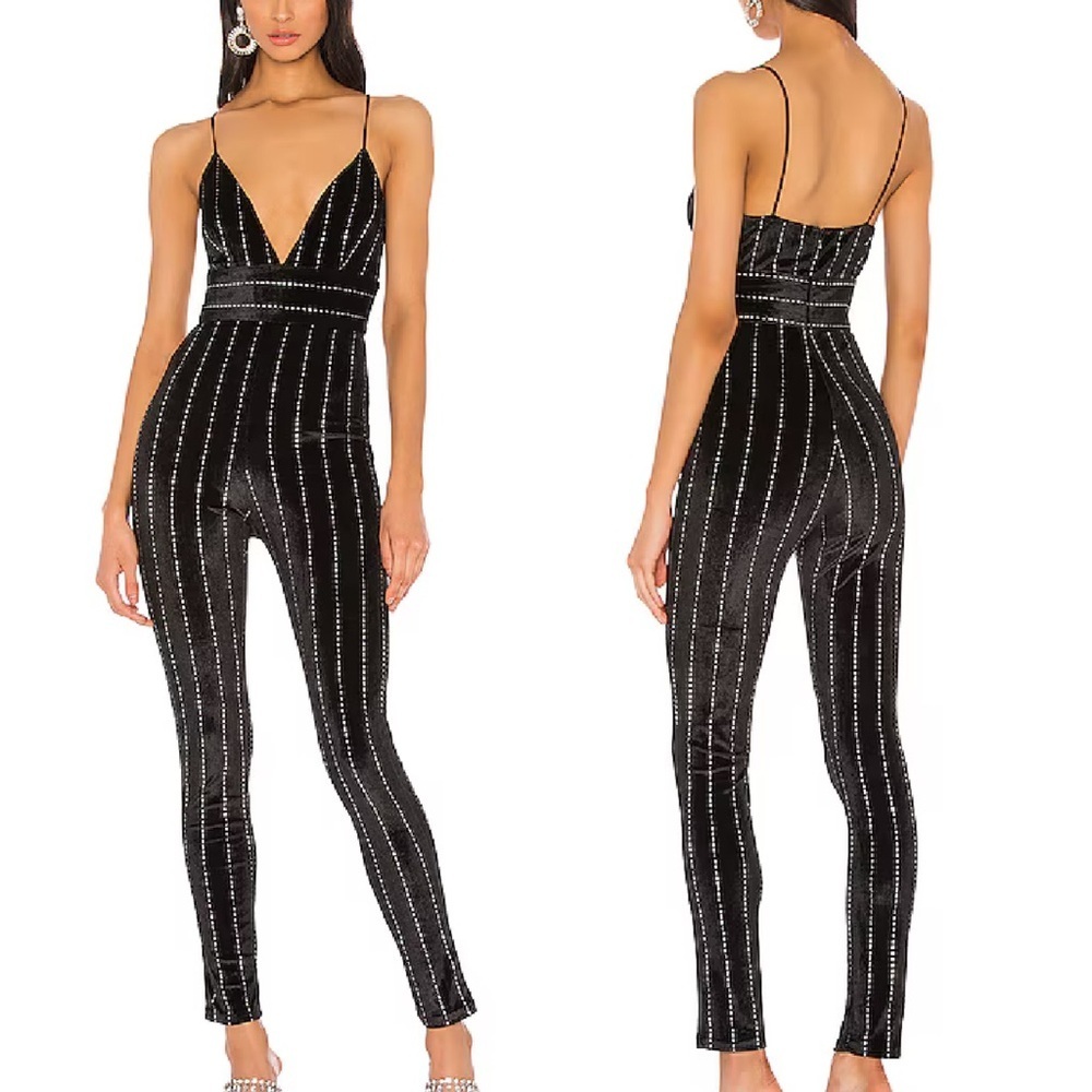 Superdown Black Pinstripe Strappy Jumpsuit Y2K Minimal Chic Evening One-Piece